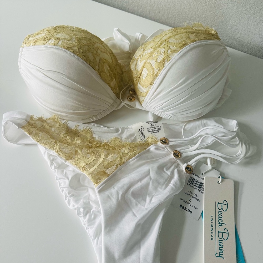 Beach Bunny Gold and White Lace Push-Up Bra